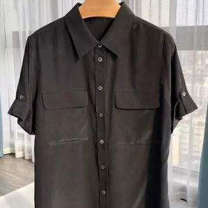 Black 100% silk short-sleeved button-up shirt blouse with epaulets